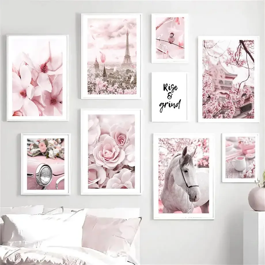 Cherry Blossom Flower Paris Tower Horse Wall Art Canvas Painting Nordic Posters And Prints Wall Pictures For Living Room Decor