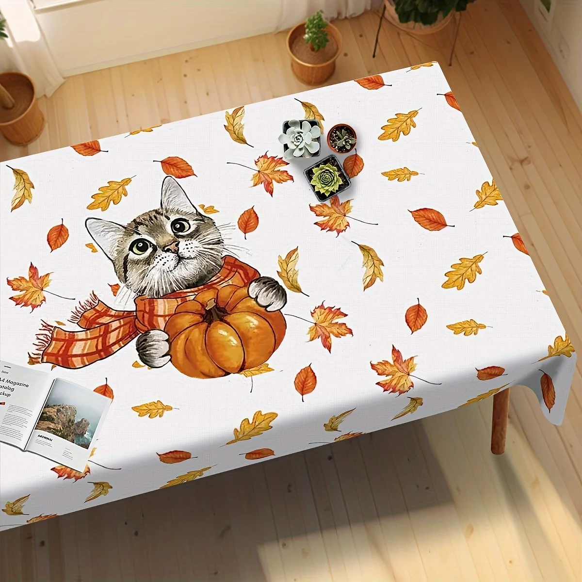1 item, cute cat pattern tablecloth, autumn pumpkin round tablecloth, maple leaf fallen leaves tablecloth, autumn decorationszyc
