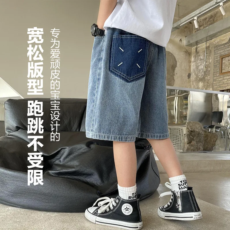 Boys' summer new denim shorts, stylish five-point pants, thin mid-length pants, loose washed pants, children's wear