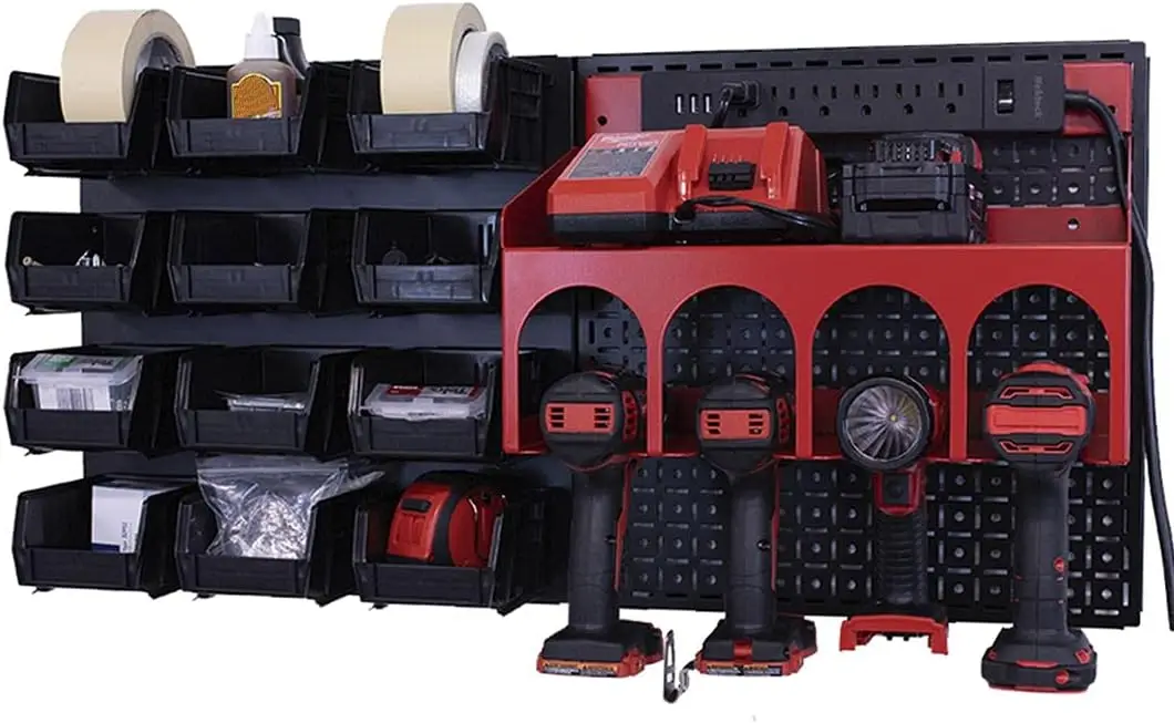 Station- 32"x16" Metal Pegboard Wall Storage With Bin Storage For Cordless Drills Black/Red