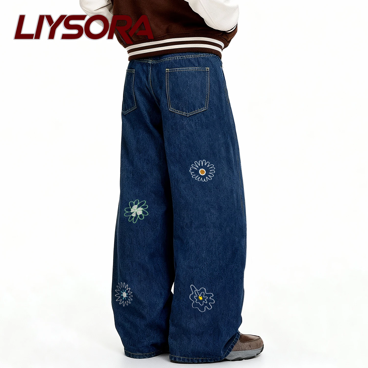 الكورية الأزرق الرجعية Y2K زهرة مطرزة فضفاض واسعة الساق جان للجنسين المتخصصة تصميم فضفاض الدنيم السراويل اليابانية ملابس رجالية غير رسمية #2