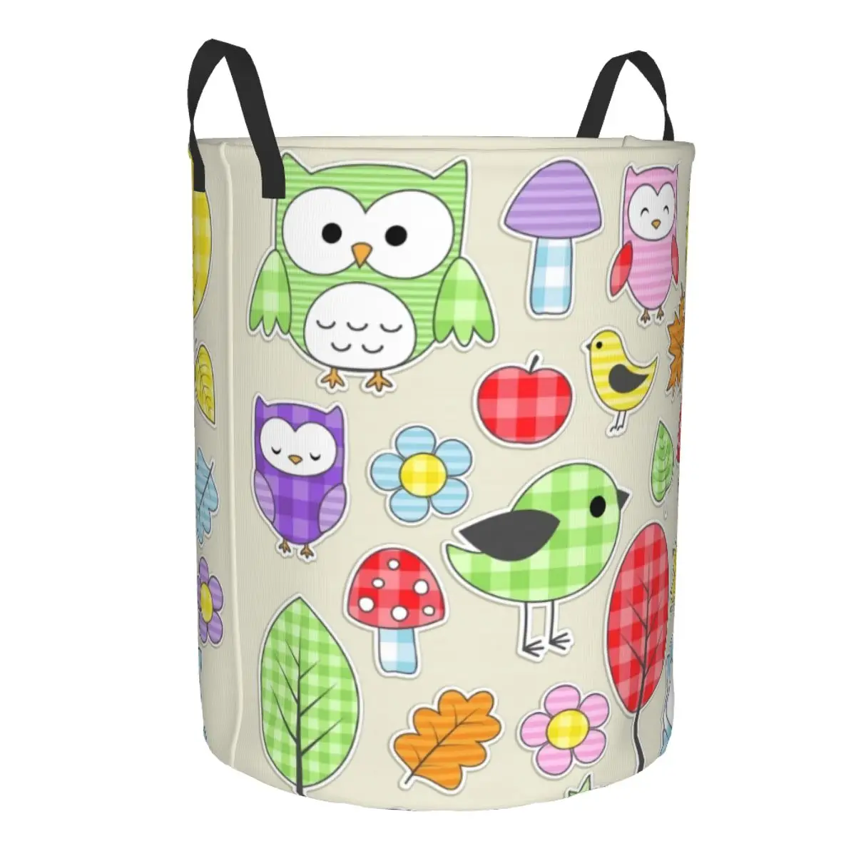 Cute Birds And Owls Cartoon Pattern Laundry Basket Foldable Animals Clothes Toy Hamper Storage Bin for Kids Nursery