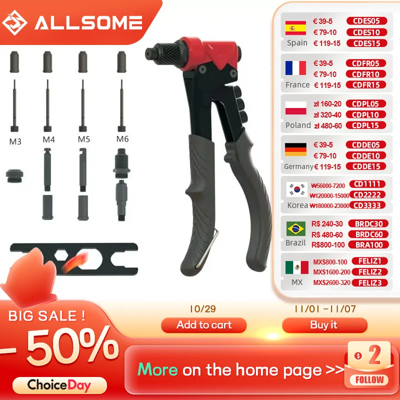 

ALLSOME 3 in 1 rivet nut gun single manual labor-saving manual core pulling gun rivet pulling gun rivet gun