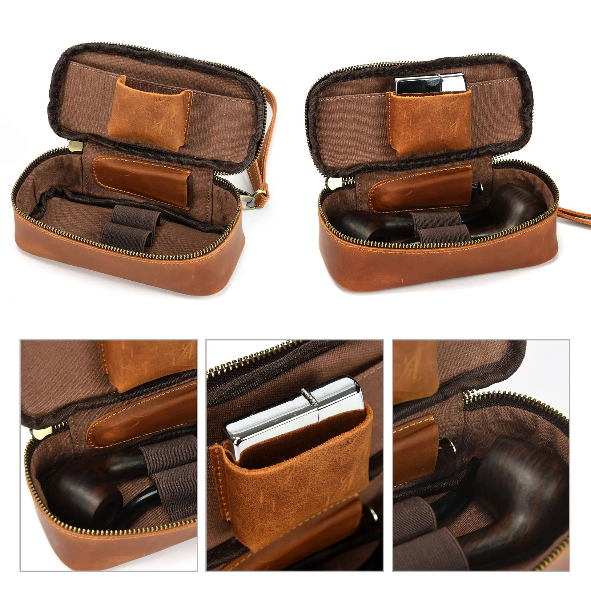 Tobacco Pouch for 2 Pipes, Lightweight Pipe Tobacco Case, Leather Smoking Accessories Storage Organizer for Travel, Daily Use