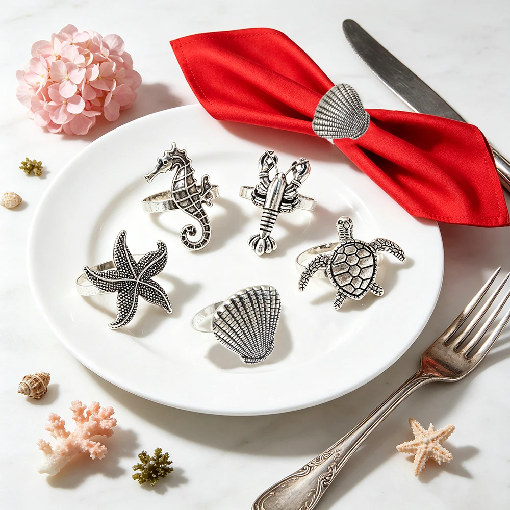 6 Pack Dvianna Nautical Napkin Rings, Assorted Sea Creature Napkin Holders in Antique Silver/Gold for Coastal Table Setting