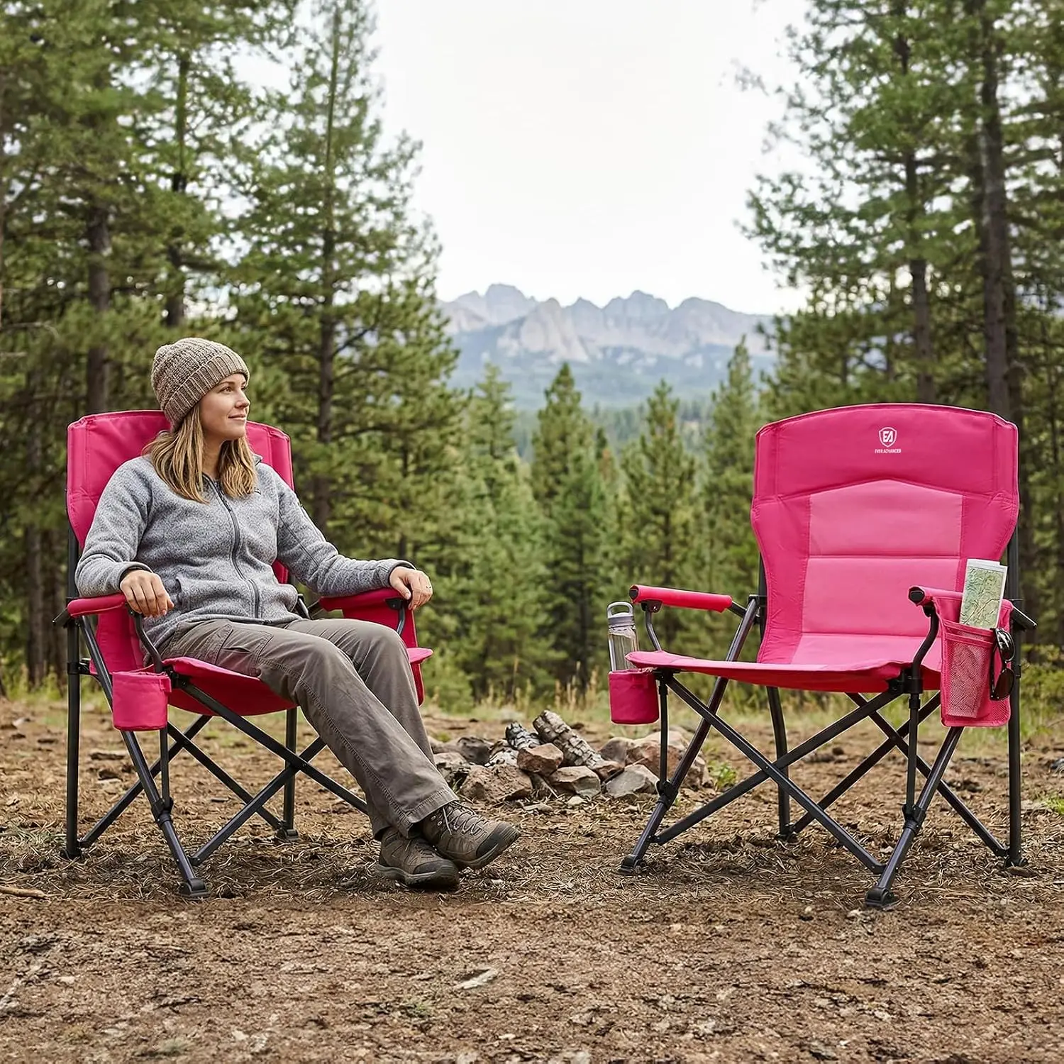 Oversized Folding Women Camping Chair, for Adults Heavy Duty Lawn with Side Pockets, Portable Collapsible Quad Outside, Support