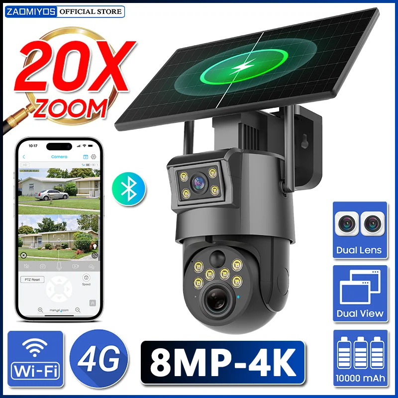 

8MP Solar Security Camera 4G SIM 20X Optical ZOOM 360° Outdoor WIFI Solar Panel Dual Lens PIR Human Tracking Video CCTV IP Cam