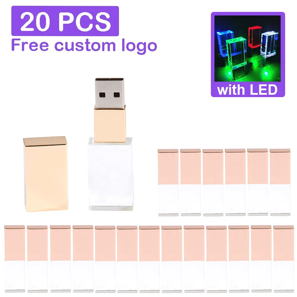 

20PCS/LOT Crystal USB Flash Drive 128GB Free Custom Logo Pen Drive 64GB 100% Real Capacity Memory Stick 32GB 16GB Wedding Gift