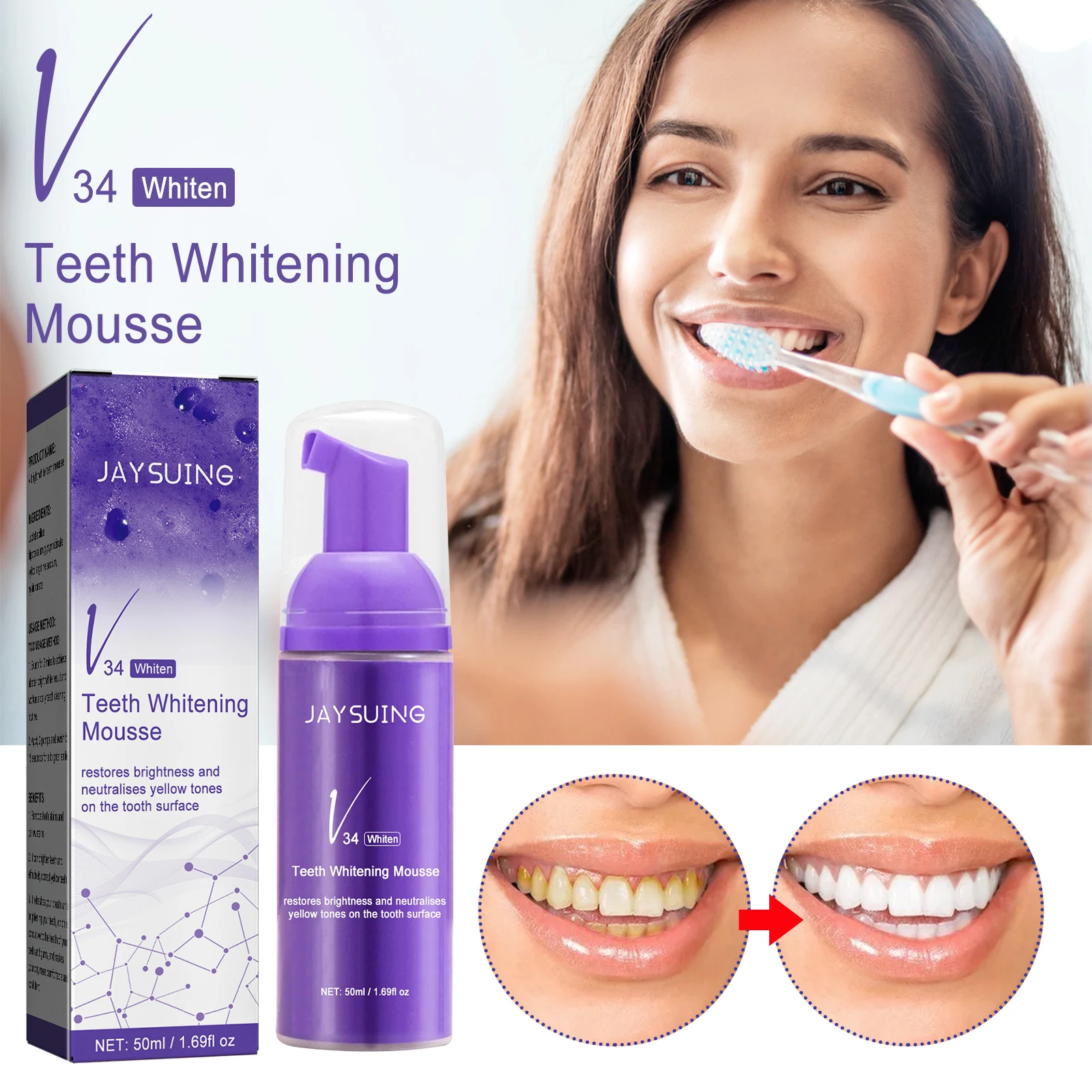 50ML V34 Brighten Whitening Purple Yellow Teeth Toothpaste Foam Cleaning Effective Removing Tooth Stain Oral Cleaning Tooth Care