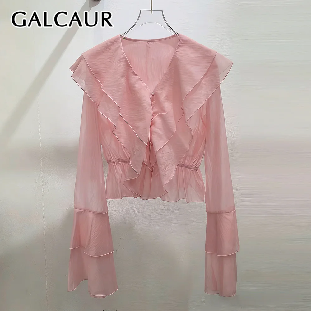 

GALCAUR Solid Slimming Spliced Sheer Blouse for Women V Neck Long Sleeves Patchwork Single Buttons Top Female Elegant New Style