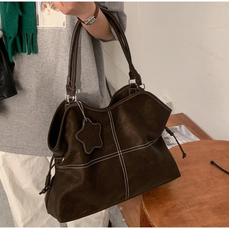 

Retro Tote Bag Brand Korean Style Shoulder Bag Drawstring Soft Tote Bag Y2k Style Casual Underarm Bag Simple Commuter Bucket Bag