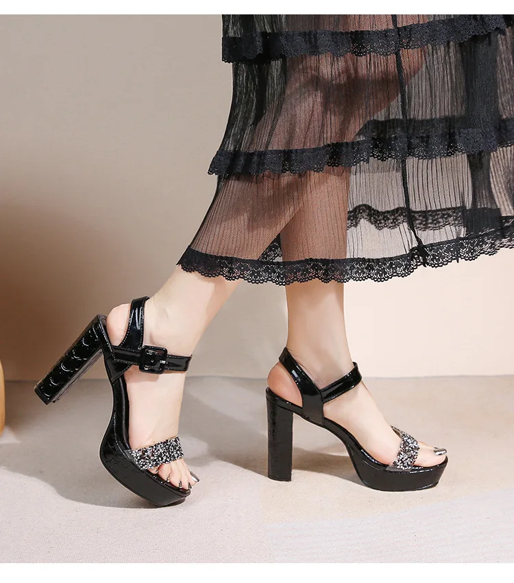 

10.5CM Bohemian style new fashion rhinestone slippers Korean style versatile thick high heel casual women's shoes