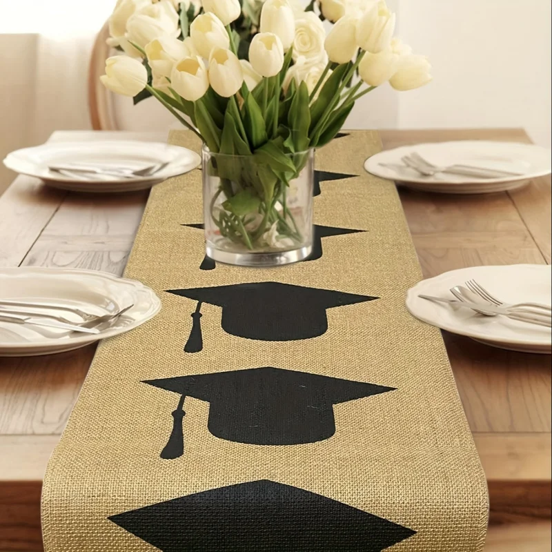 Graduation-Themed Jute Table Runner Rustic Black And Navy Blue Accents for Celebratory Events
