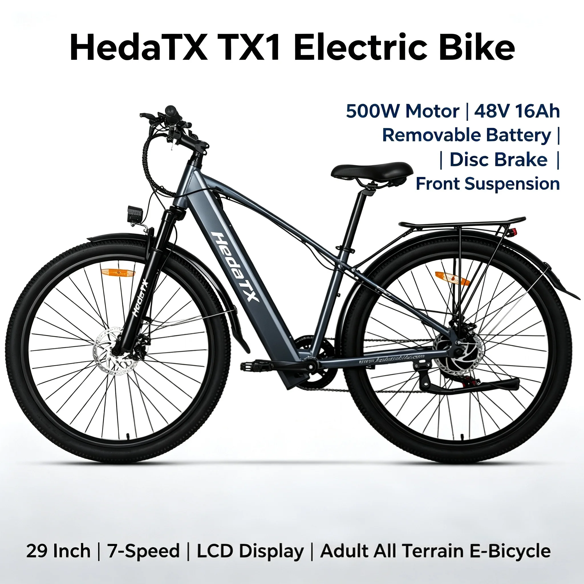 Bicicletta elettrica HedaTX TX1, motore da 500 W, batteria rimovibile da 48 V e 16 Ah, ruote da 29 pollici, 7 velocità, freni a disco, sospensioni anteriori, display LCD, adatta a tutti i tipi di