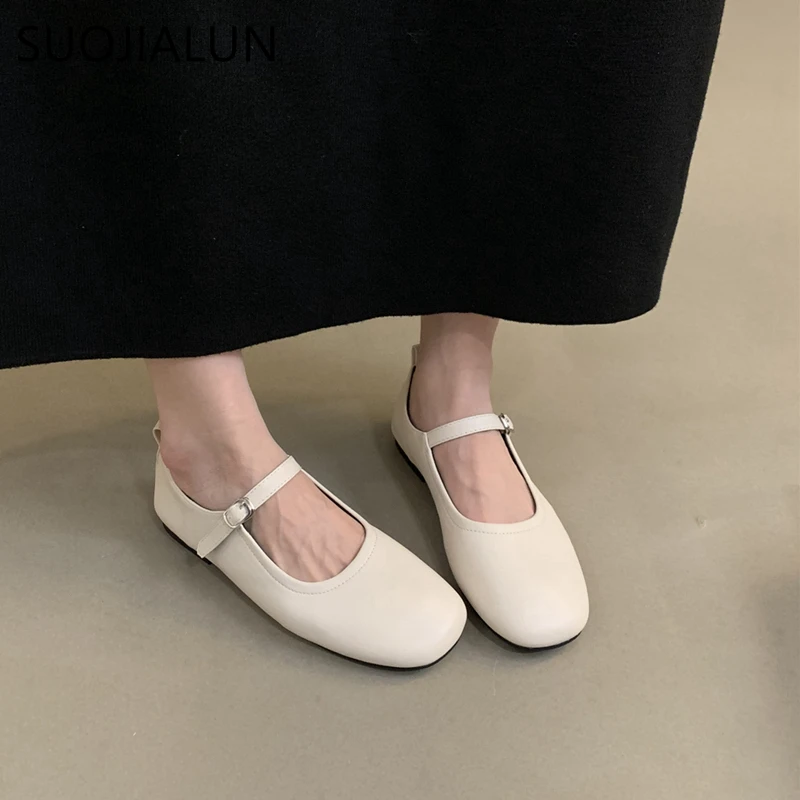 SUOJIALUN Autumn Women Flat Shoes Fashion Round Toe Shallow Slip On Mary Jane Shoes Flat Heel Ladies Elegant Outdoor Ballerinas