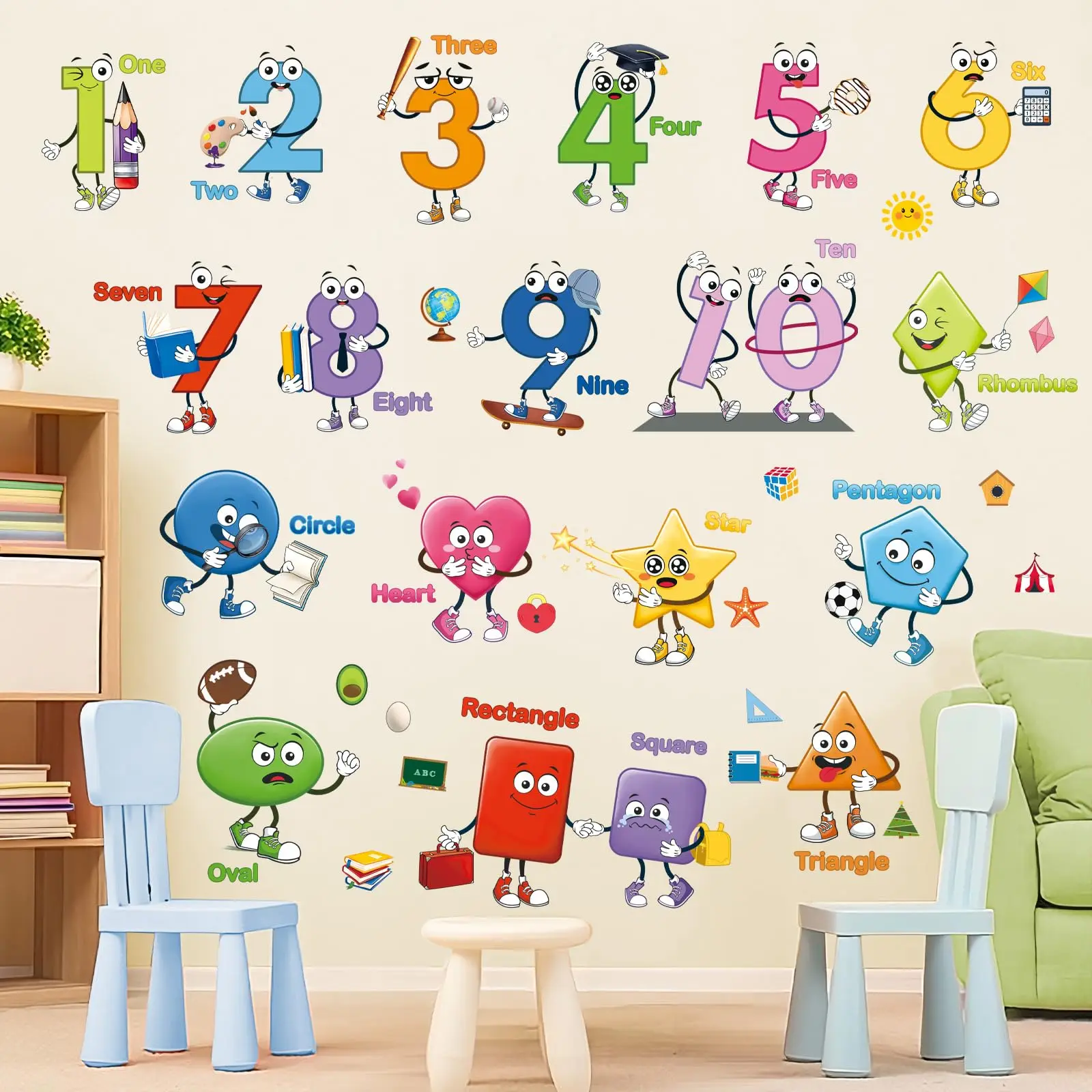 Educational Numbers and Shapes Wall Stickers Geometry Learning Wall Decals Back To School for Learning Playroom Kindergarten