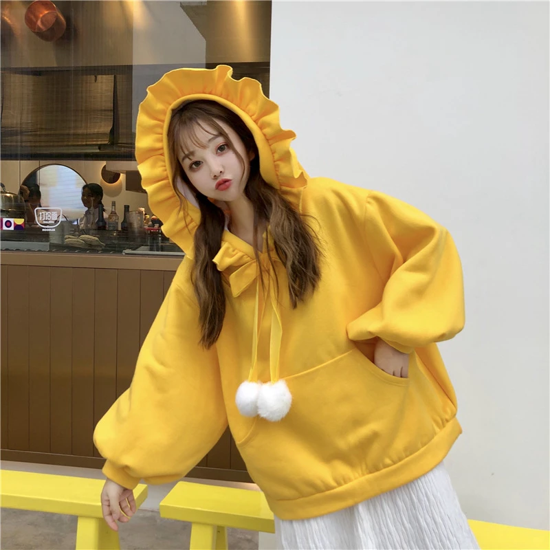 Autunno/inverno versione coreana Pullover con cappuccio maglione sciolto e addensato peluche carino studente cappotto Top giallo rosso abbigliamento donna