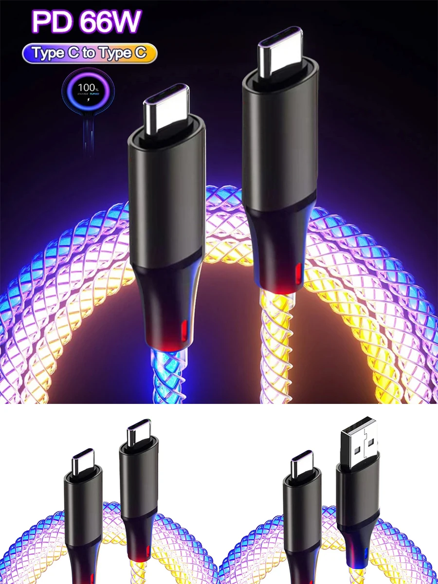 6A szybkie ładowanie RGB, oddychający, świetlny kabel do transmisji danych 66W TYPE-C ładowarka do iPhone'a 15 Pro Huawei Samsung — zdjęcie 2