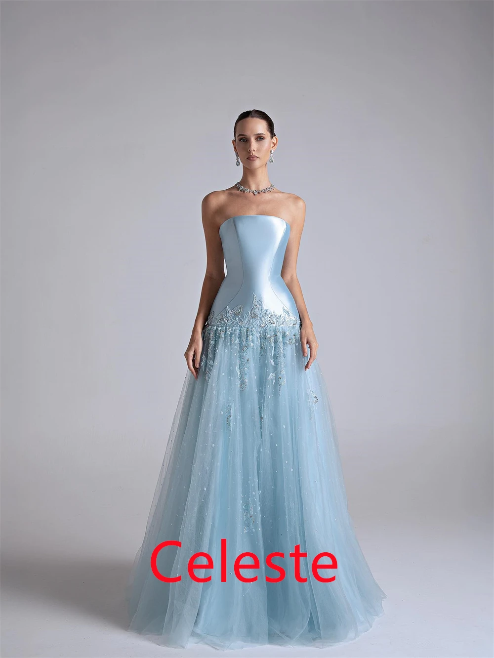 Customized Fashion Blue Tulle Evening Dress Elegant Sleeveless Homecoming Dresses High Quality Sweep Train Vestido De Festa
