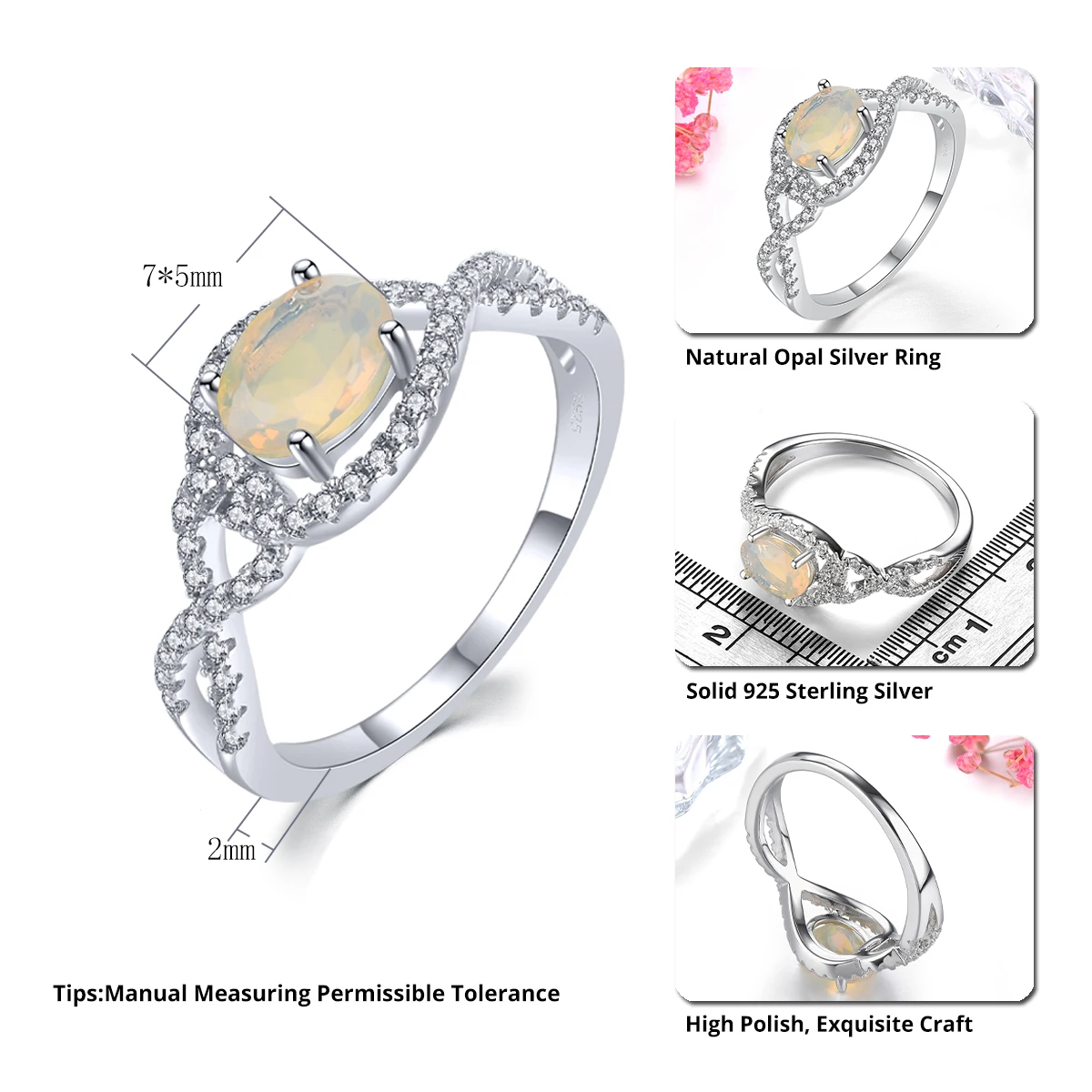 Natural Opal Solid Sterling Silver Rings 0.7 Carats Genuine Gemstone Classic Fine Jewelry Design S925 Birthday Gifts Decoration