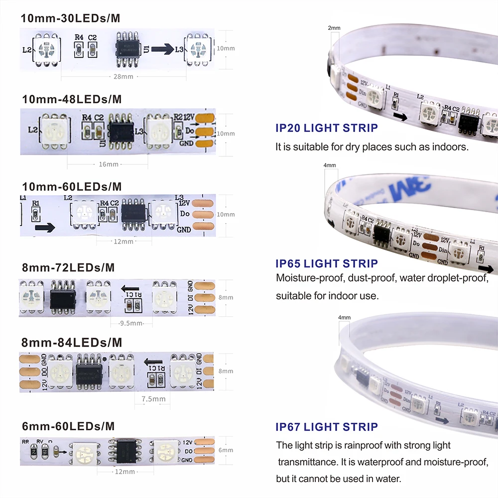 WS2811, WS2812, WS2813, WS2815 DC 5V/12V color-changing addressable and programmable LED light strips for colorful lighting