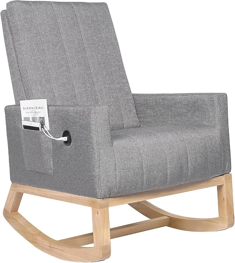 

Rocking Chair Nursery, Modern Upholstered Glider Rocker with USB Port and Side Pocket, High Backrest Padded Seat Accent A