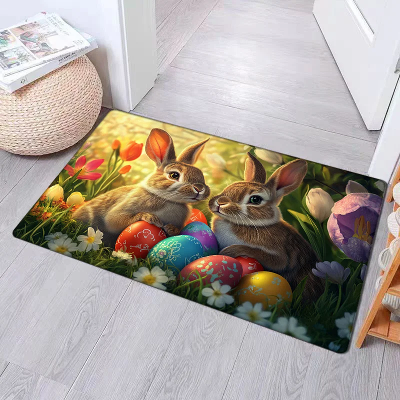 1pc Easter Themed Doormat Two Cute Rabbits And Colorful Eggs in Flowers Indoor/Outdoor Polyester Mat, Suitable for Front Porch