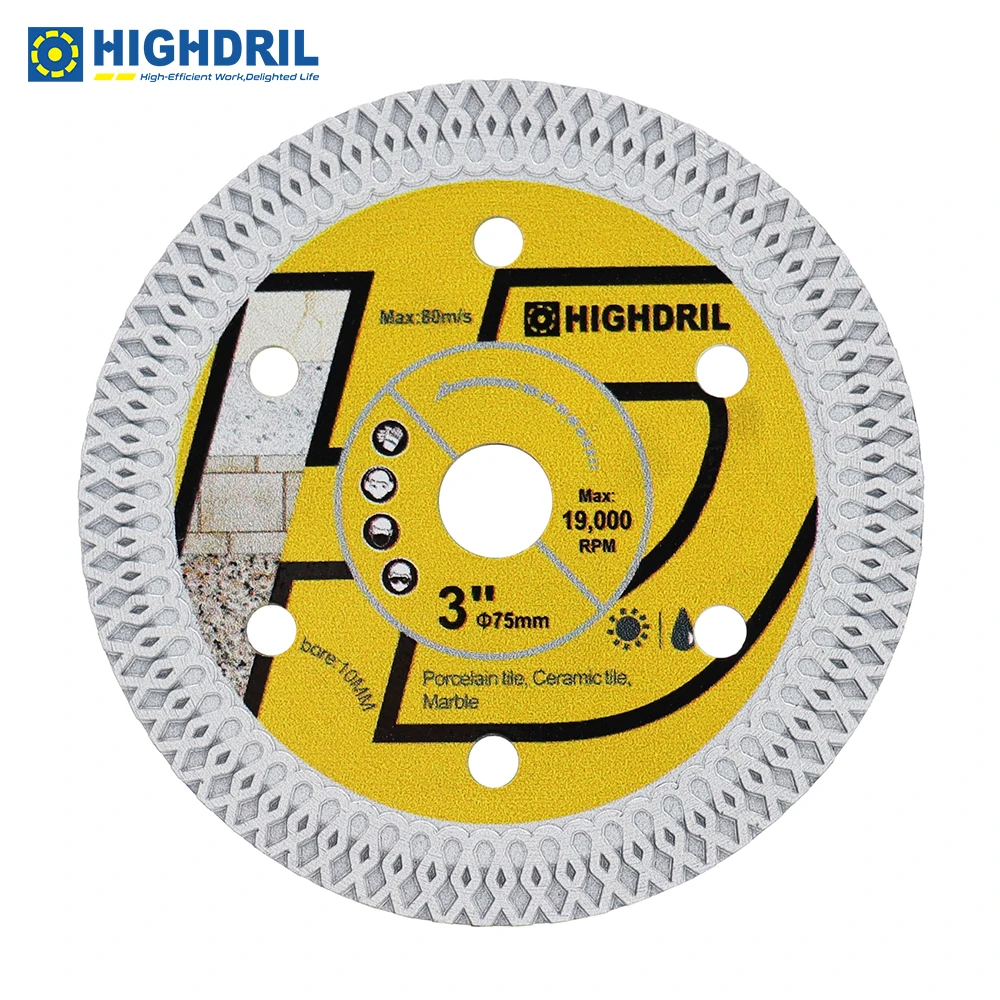 HIGHDRIL-Mini Lâmina de Serra, Azulejo, Mármore, Disco de Corte, Cerâmica, Porcelana, Granito, Grés Circular, Turbo, Malha, 3 ", 75mm, 1 peça