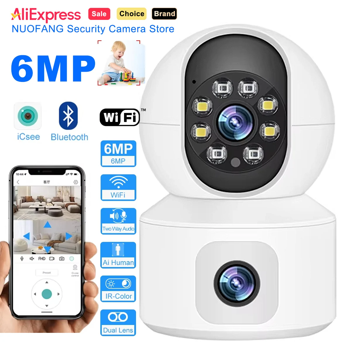 NUOFANG 6MP WiFi Camera with Dual Screens Two-Way Audio Baby Monitor Indoor PTZ IP Cameras CCTV Surveillance Home Security ICSee