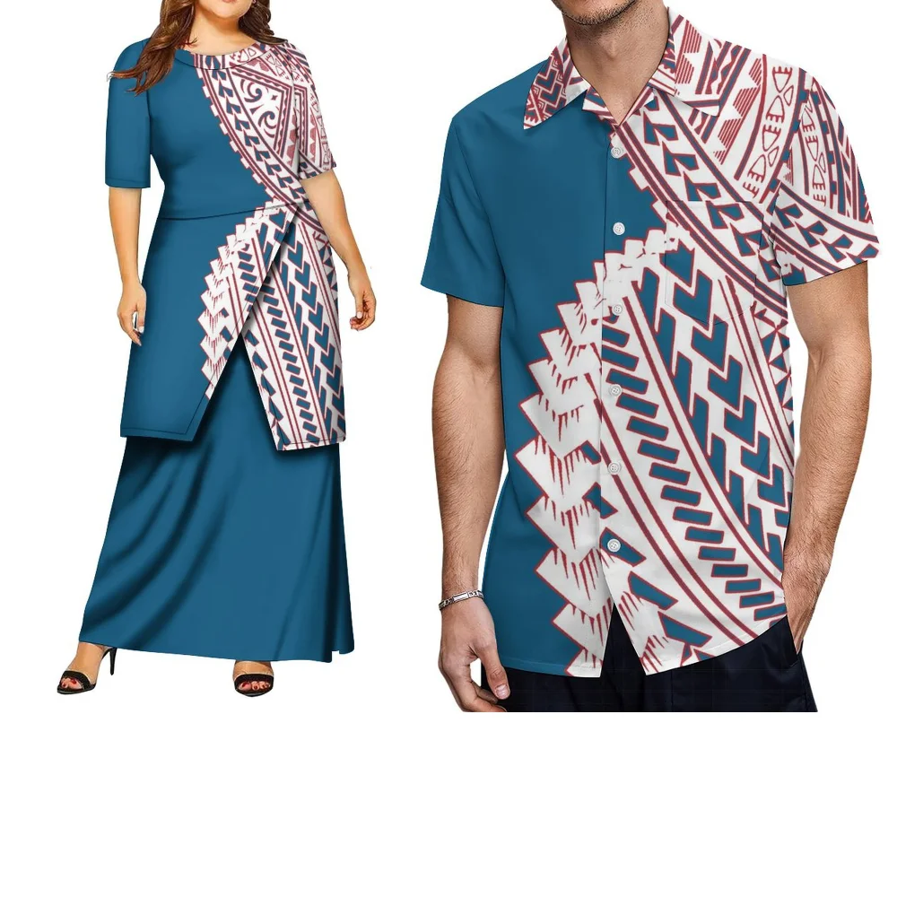 Comfortable Fabric Summer Short-Sleeved Polynesian Print Women'S Pletasi Set Men'S Retro Top  Custom-Made Couple Outfits