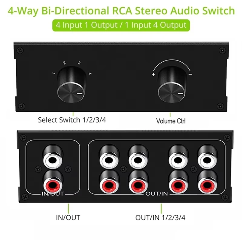 DT23 4-Port RCA Switching Splitter L/R Audio Bi-Directional Switcher 1 in 4 Out 4 in 1 Out for Active Speakers Stereo