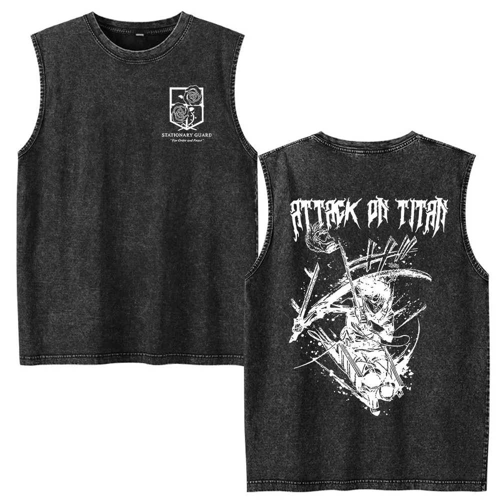 Anime Attack on Titan Eren Jaeger Washed Tank Tops T Shirts Men's Women Clothing Fashion Oversized Soft Sleeveless Vest T-shirt