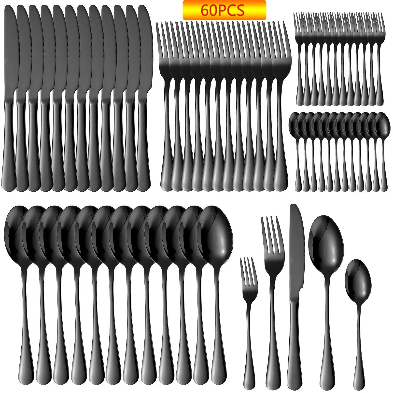 60pcs Black Silverware Set For 12, Stainless Steel Flatware Set, Cutlery Kitchen Tableware Fork Knife Spoon Dishwasher Safe