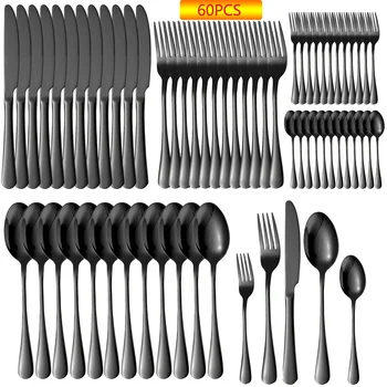 60pcs Black Silverware Set For 12 1