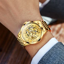 Olevs lässige Business-Uhren für Männer Top-Marke Luxus Gold Stahl Skelett automatische mechanische Armbanduhr Mann wasserdicht reloj