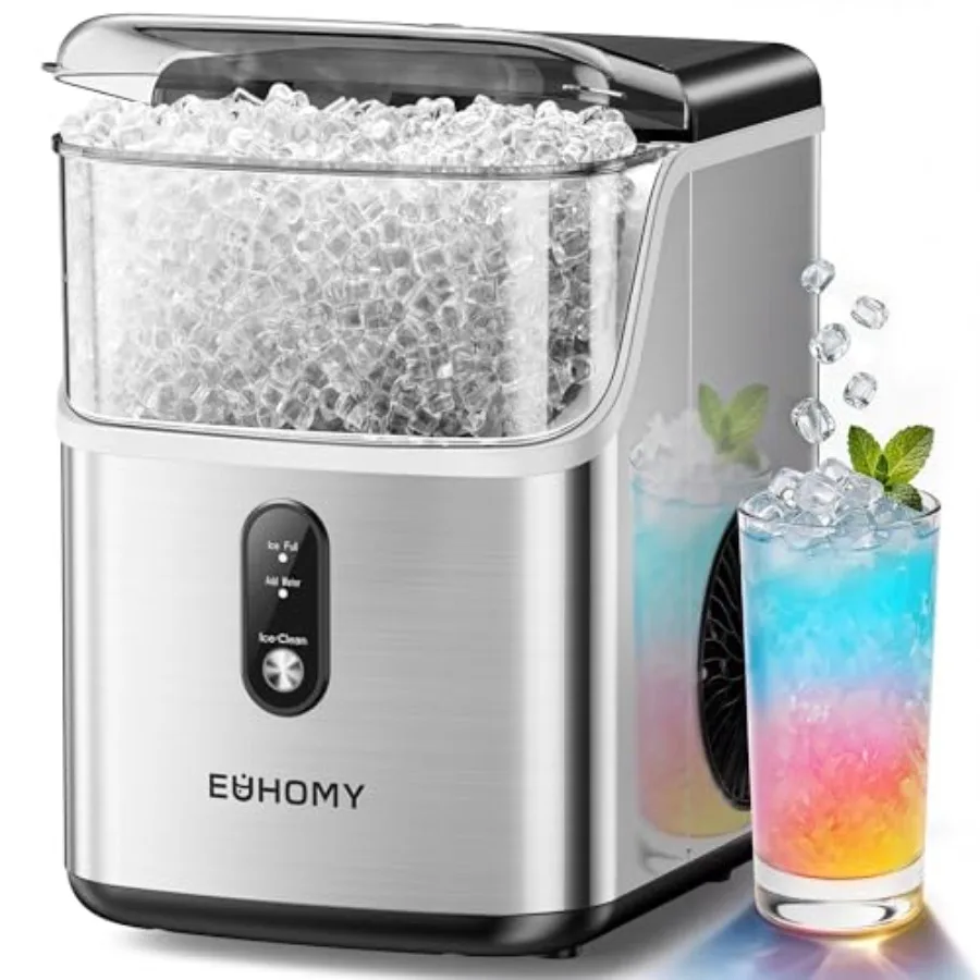 

Countertop nugget ice maker for home use, stainless steel, silver, ready in 7 mins, 34 lbs/24h output, self-cleaning, includes