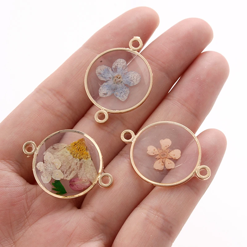 12Pcs Round Pressed Flat Plated Epoxy Natural Hibiscus Daisy Sakura Petal Dried Flower Resin Charms Pendant for Jewelry Making