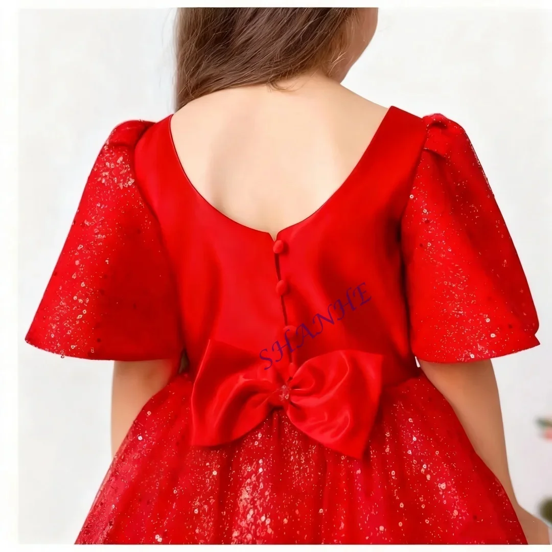 Simpatico abito da ragazza rosso natalizio con soffice gonna in tulle con paillettes Abito da sera per festa di compleanno per bambini personalizzabile personalizzato