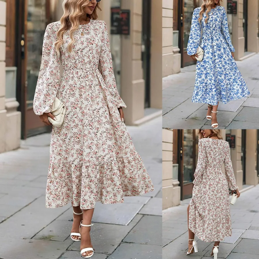 

【New style】Women's clothing autumn printed round collar long-sleeved ruffled dress