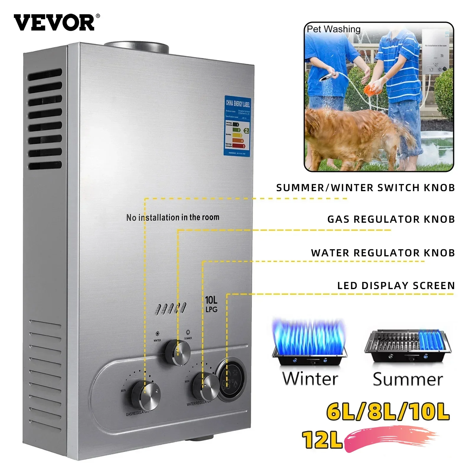 VEVOR 6L 8L 10L 12L LPG Portable Instand Water Heater Propane Gas LPG Wall-Mounted Tankless Water Heater Digital Display