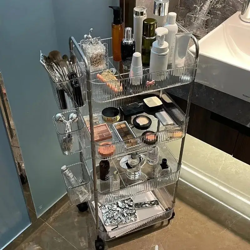 1pc Storage Rack, Acrylic Transparent Trolley with Wheels, Large Capacity Storage Organizer with Removable Hanging Baskets