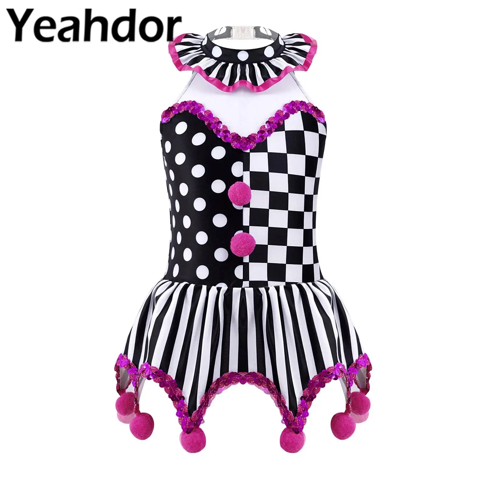 Kids Girls Circus Clown Joker Costume Halloween Cosplay Leotard Dress Polka Dots Stripes Sequins Pompoms Adorned Skirted Dress