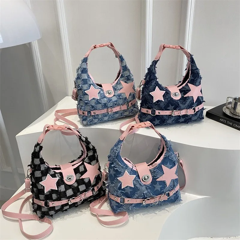 

Fashion Belt Buckle Texture Denim Pentagram Shoulder Messenger Bag for Women Large Capacity Punk Style Portable Bag