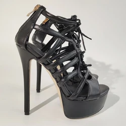 LAIGZEM Women Platform Sandals Back Zip Up Thin High Heels Sandals Handmade Pumps Lace Up Shoes Woman Large Size 38 41 43 50 52