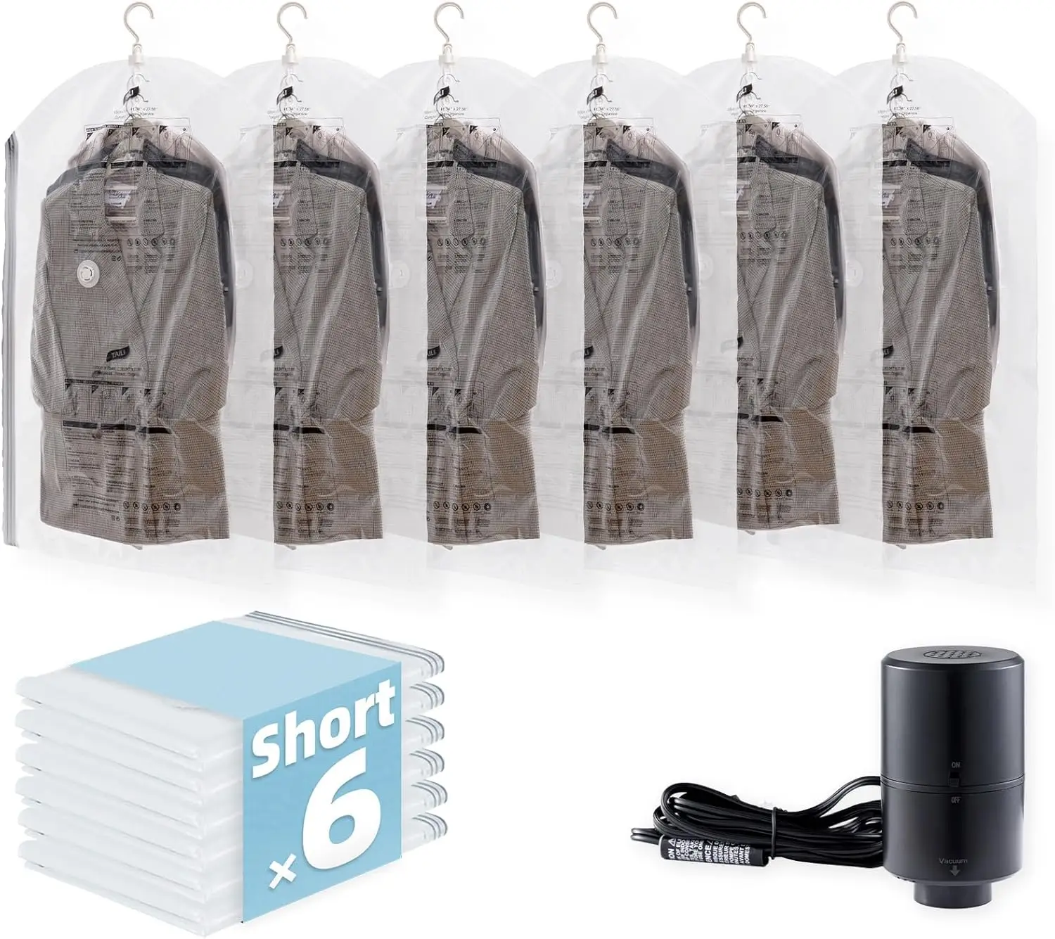 

Набор из 6 вакуумных пакетов с электронасосом для хранения одежды, костюмов, платьев - Органайзер для экономии места в шкафу