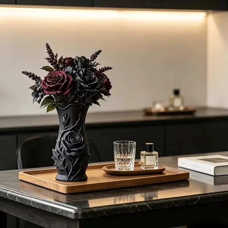 3D Printed Romantic Rose Pen Holder Vase Embossed Floral Sculpture Desktop Stationery Organizer Flower Makeup Brush Storage Cup