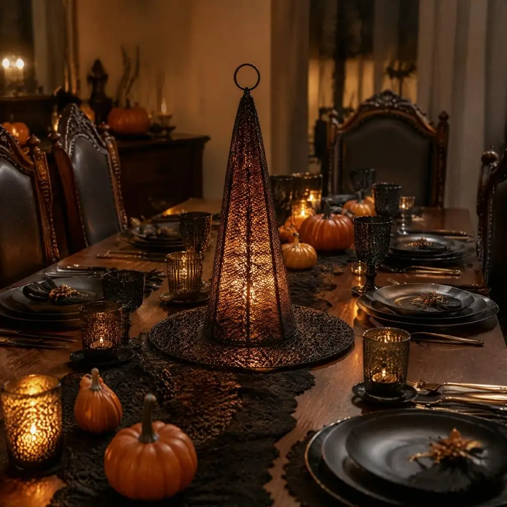 Glowing Witch Hat Hanging Ornaments Hanging Hat with Warm Lights Glowing Halloween Witch Hat with Warm Led Lights Gold Mesh