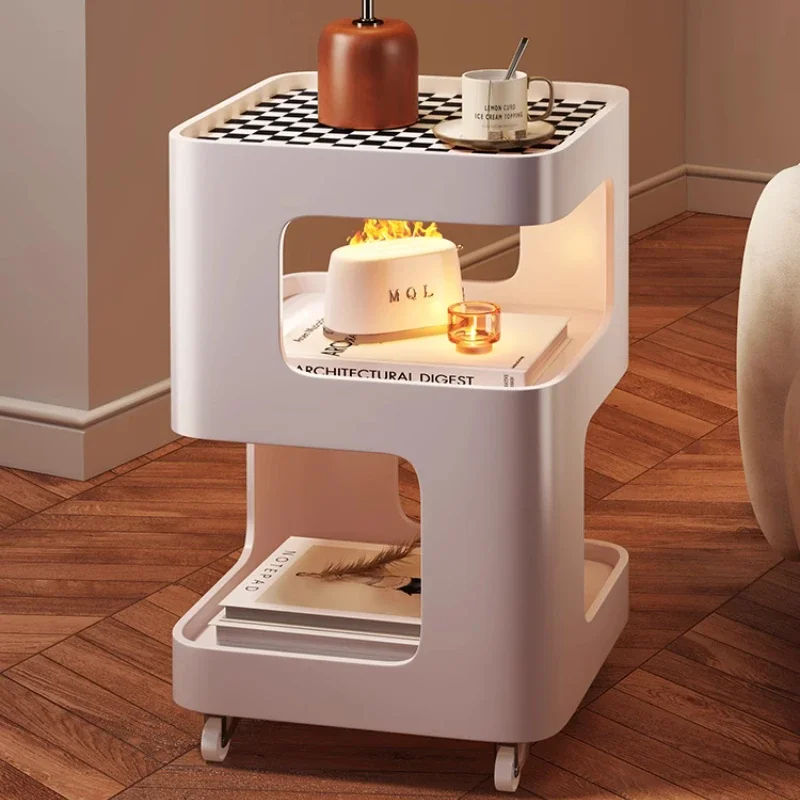 

Modern Movable Living Room Side Cabinet Three-Tier Storage Rack Balcony Small Coffee Table Rolling Square Tea Table