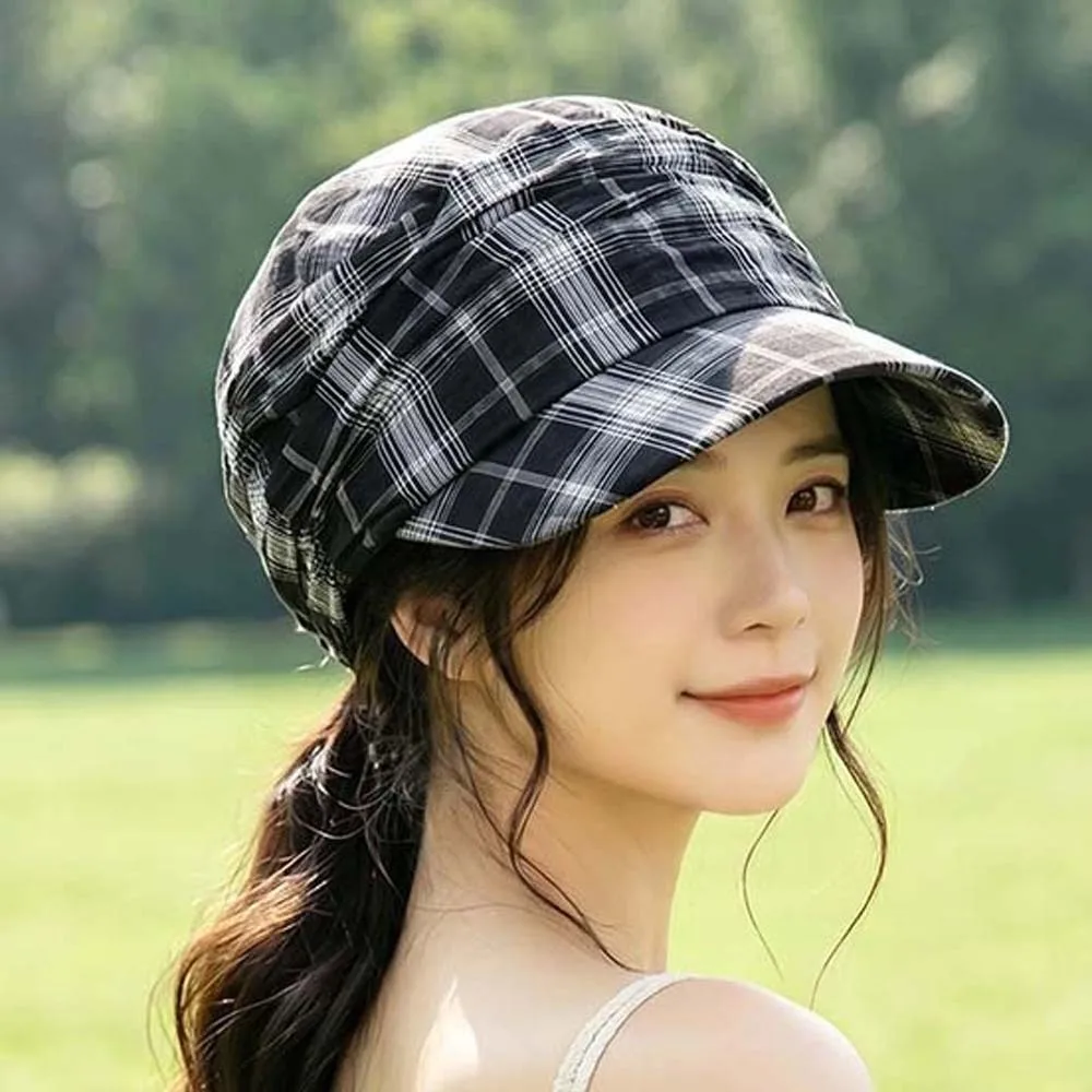Vintage Looking Plaid Pleated Equestrian Hat British Style Japanese Style Peaked Flat Cap Sunshade Solid Color