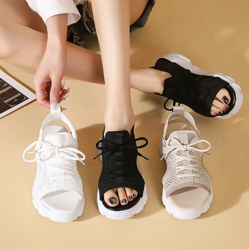 Mesh Atmungsaktive Damen Sandalen Sommerschuhe für Damen Schnürschuhe Offene Spitze Trend Plateau Sandalen Strand Lässige Sandaletten